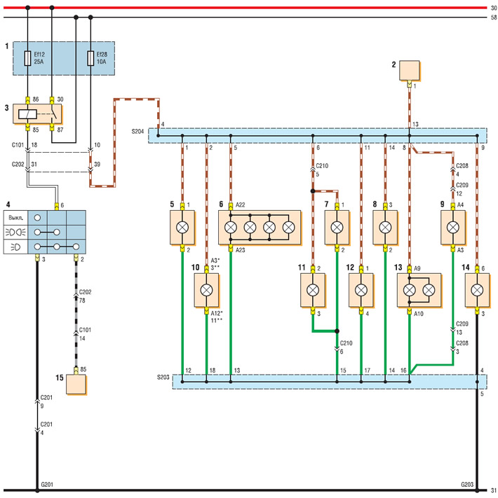 Схема включения подсветки комбинации приборов, выключателей, пепельницы ...