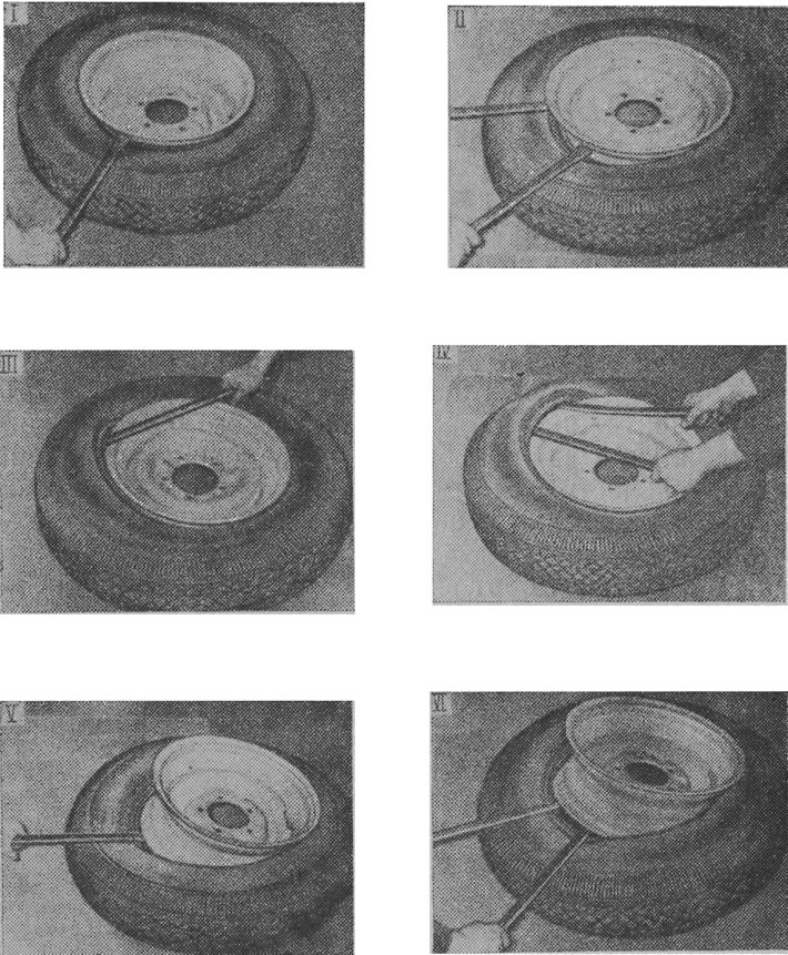 Рис. 7. Последовательность (1—VI) демонтажа покрышки с обода
