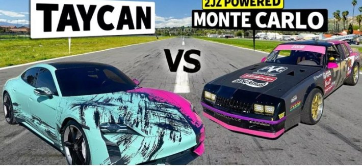 Электрокар Porsche Taycan сразился в гонке со старым Chevrolet Monte Carlo