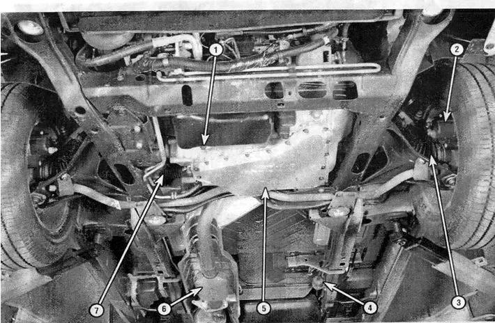 A motor és a sebességváltó alulnézete: 1 - motorolajleeresztő csavar (12. szakasz), 2 - első…