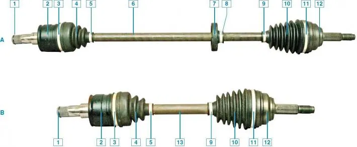 Drives of the right «A» and left «B» wheels: 1 - inner joint retaining ring; 2 — inner hinge…