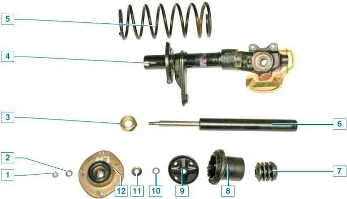 Shock absorber strut parts: 1 — shock absorber rod mounting nut; 2 - washer; 3 - rack housing nut;…