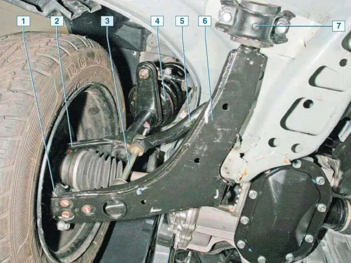 Elements of the front suspension on the car, bottom view: 1 - ball joint; 2 - steering knuckle; 3 —…