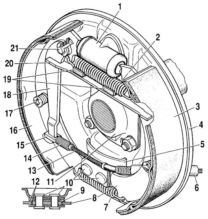 Kresba 6-18. Brzdový mechanizmus zadného kolesa: