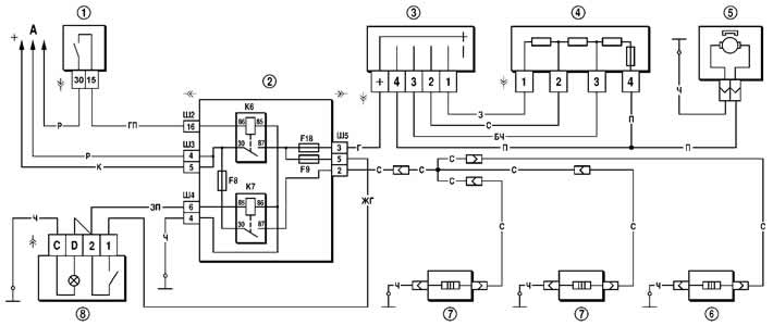 7-41. A fűtőventilátor motorjának és a külső tükrök és a hátsó ablak fűtőelemeinek kapcsolási rajza: