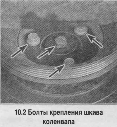 2. Отверните болты (смотрите фотографию) и снимите шкив ремня привода.