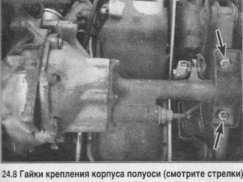 8. Развийте монтажните гайки на корпуса на оста, отстранете болтовете и шайбите (вижте снимката).