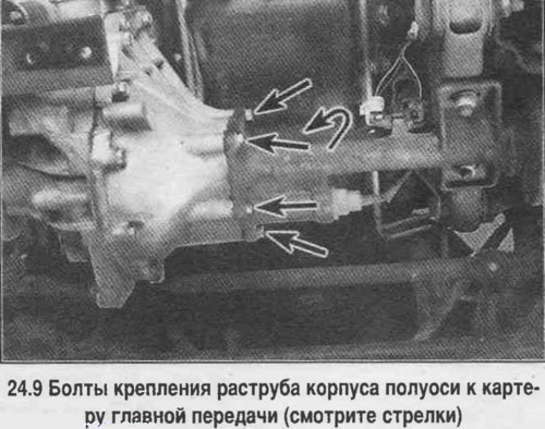 9. Развийте болтовете, закрепващи гнездото на корпуса на полуос към корпуса на главното зъбно…