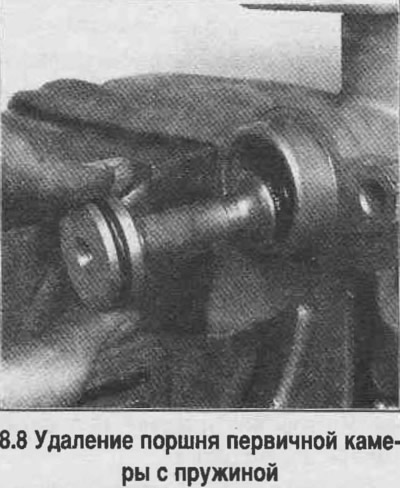 8. Отстранете буталото на първичната камера с пружината от цилиндъра (вижте снимката).