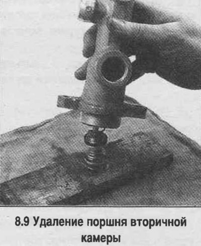 9. Отстранете буталото на вторичната камера от цилиндъра. Ако е необходимо, обърнете цилиндъра и…