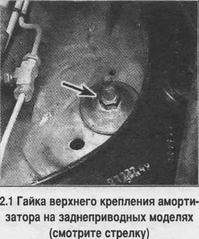 1. Отверните гайку верхнего крепления амортизатора (смотрите фотографию), удерживая амортизатор…