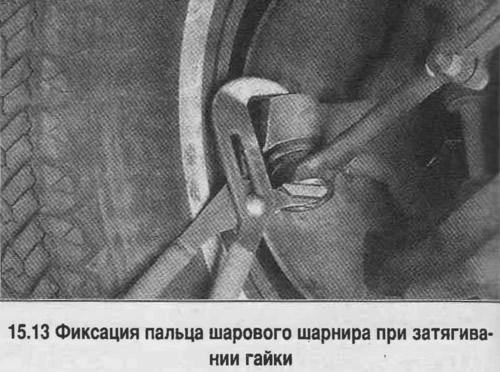 13. Каб усталяваць бакавую рулявую цягу, злучыце наканечнік цягі з паваротным кулаком і загарніце…