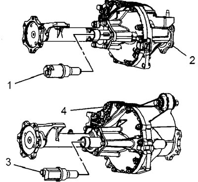 3. Отсоедините разъем привода (1) (редуктор 8,25«) или (3) (редуктор 9,25»).