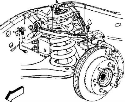7. Отверните болт крепления тормозного шланга к поворотному кулаку. Момент затяжки 9 Н·м.